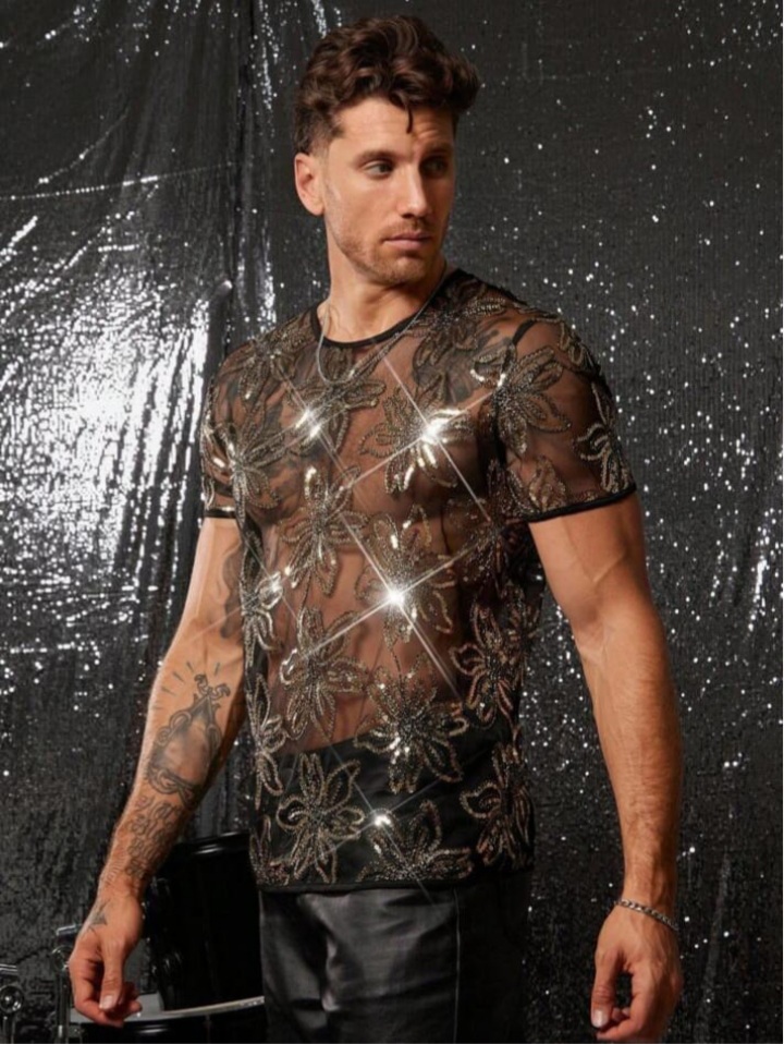 Men's Knitted Fashionable Casual Loose Sequin Decorated short Sleeve T - Shirt